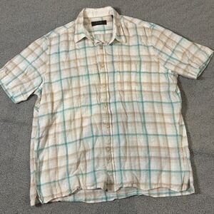 Tasso Elba Shirt Mens XL Linen Cotton Short Sleeve Plaid Button Up Tan Teal